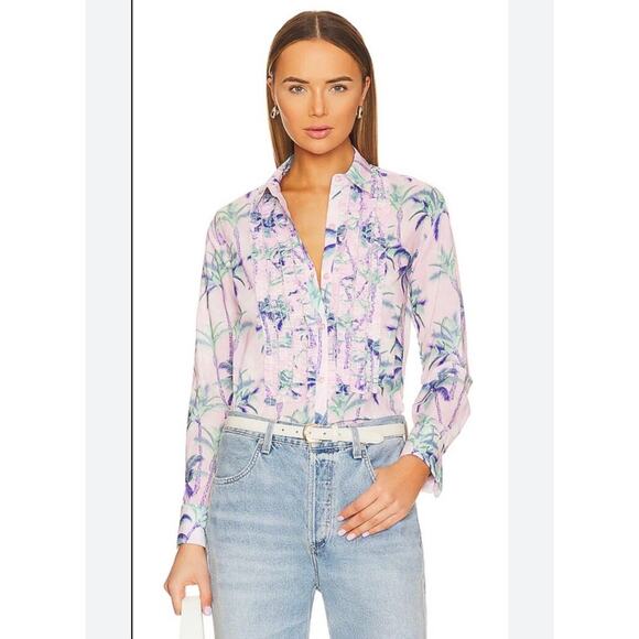 Le Superbe Future Husband Button Up Shirt, Pink Purple Palm Tree, Womens Size 4 - Picture 1 of 6